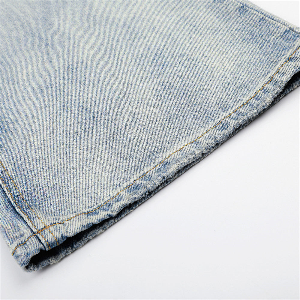 Distressed denim micro pull pants