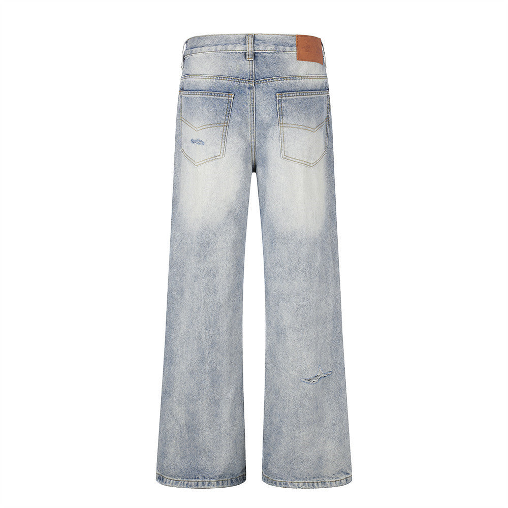 Distressed denim micro pull pants