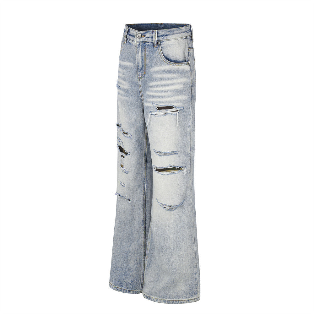 Distressed denim micro pull pants