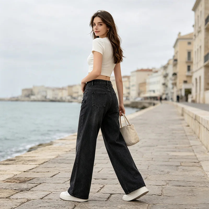 Jean large noir délavé taille haute