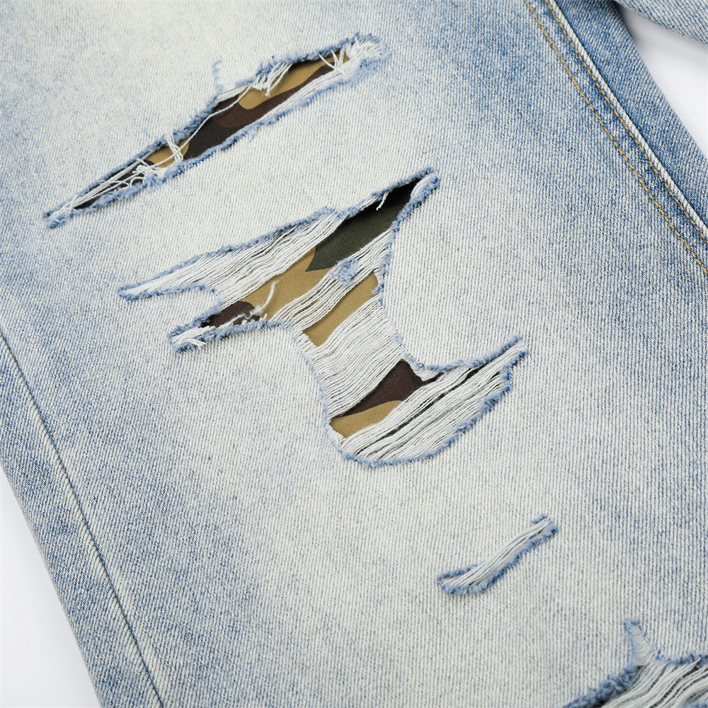 Distressed denim micro pull pants