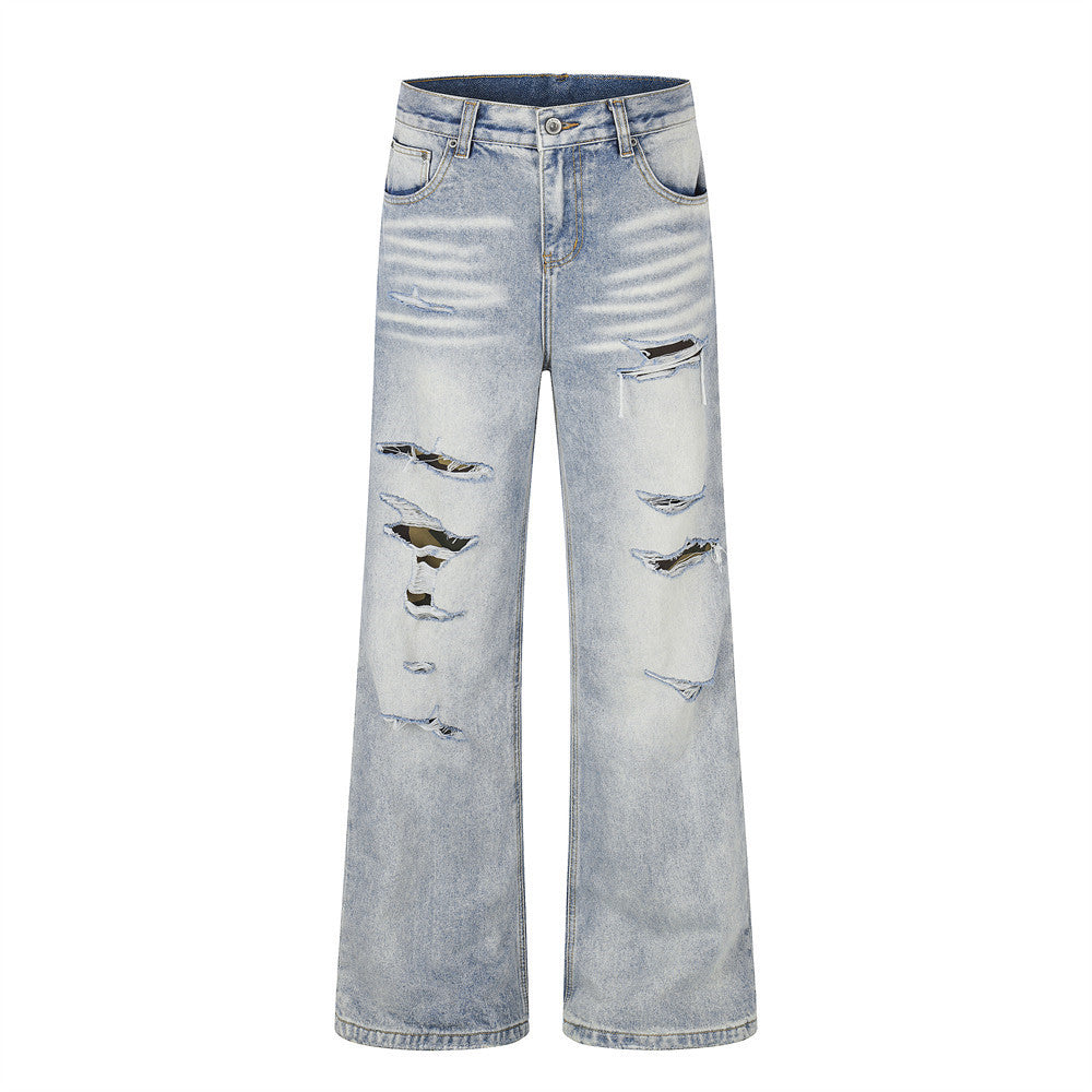 Distressed denim micro pull pants