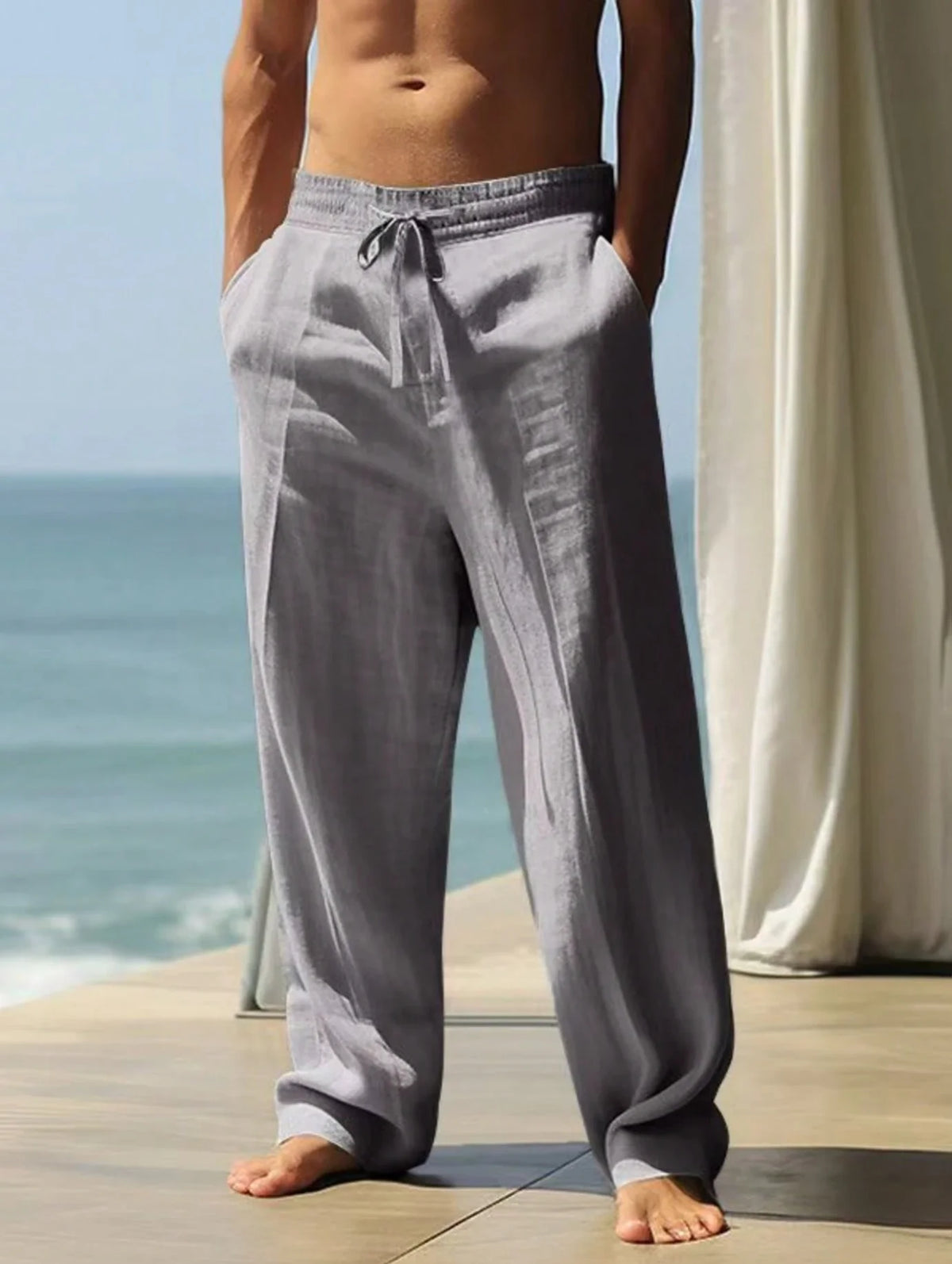 Pantalon droit en coton à cordon
