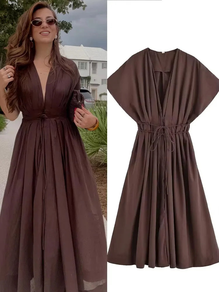 Robe midi plissée à col V