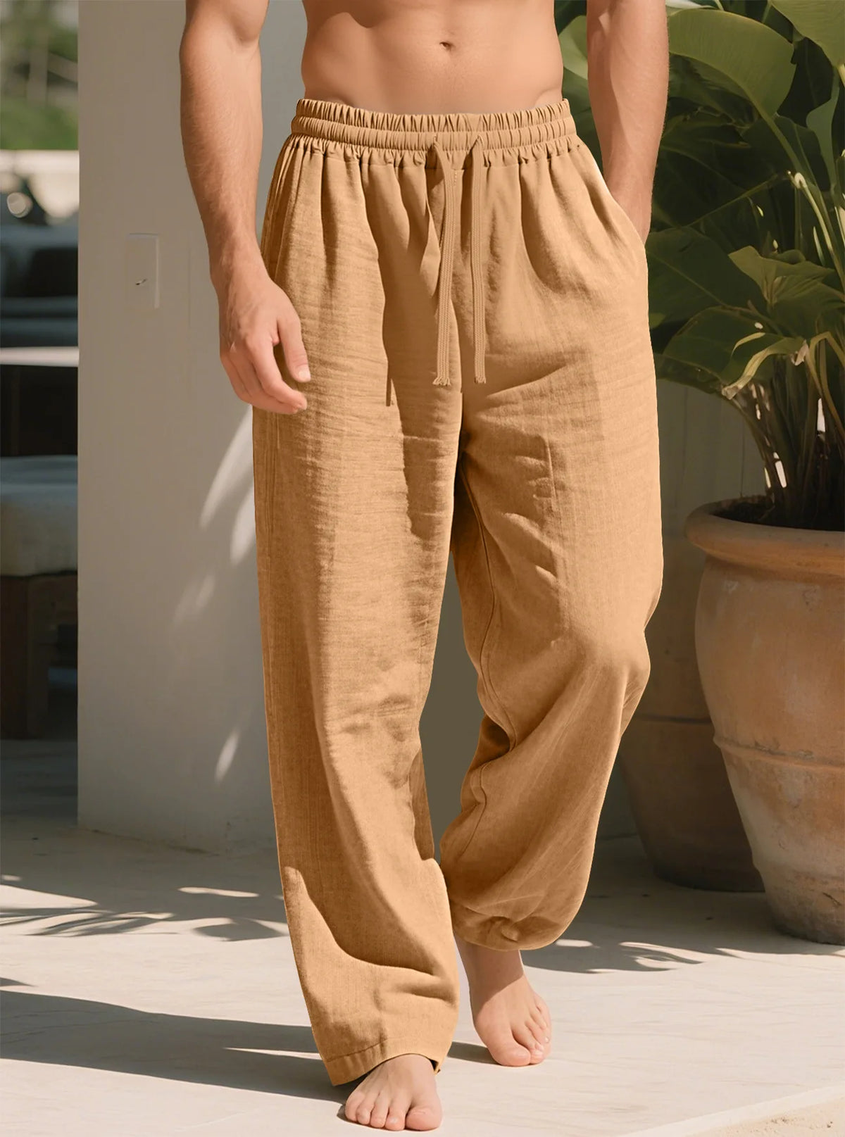 Pantalon droit ample en lin mélangé