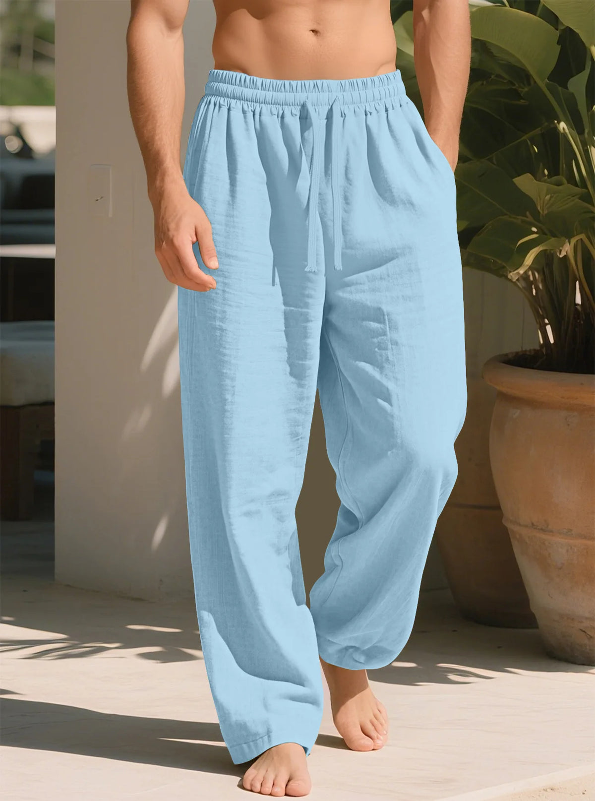 Pantalon droit ample en lin mélangé