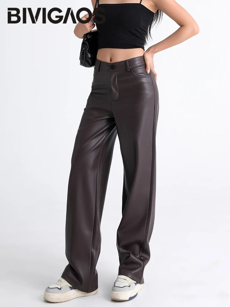 Pantalon droit effet cuir
