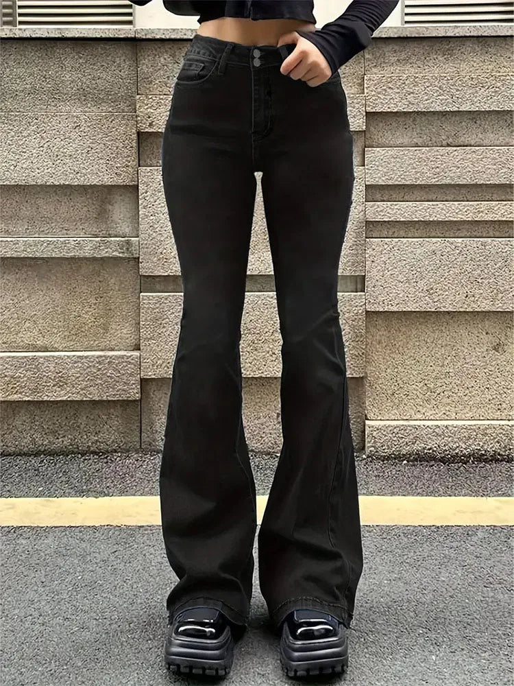 Jean évasé délavé taille haute