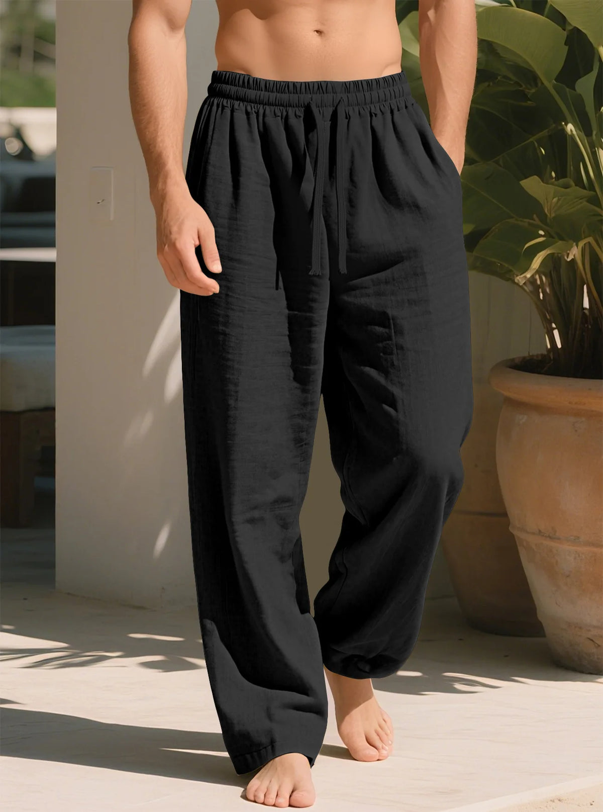 Pantalon droit ample en lin mélangé
