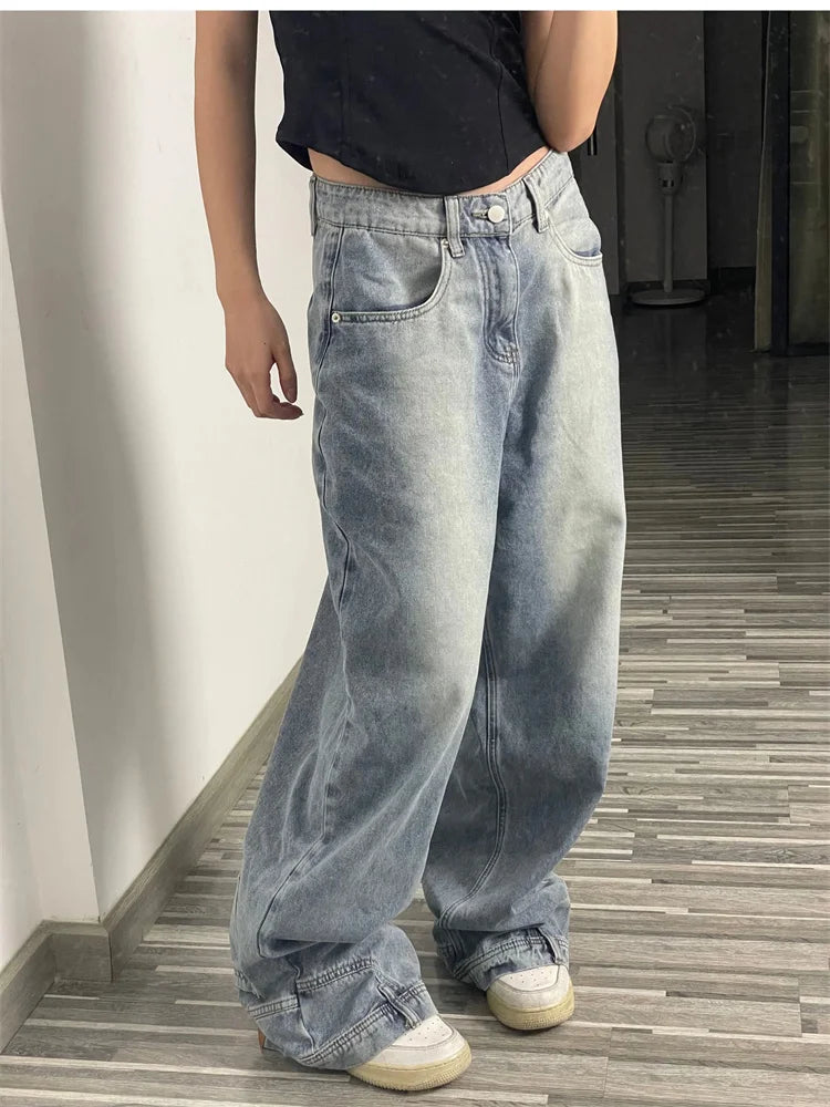 Jean large bleu à empiècements