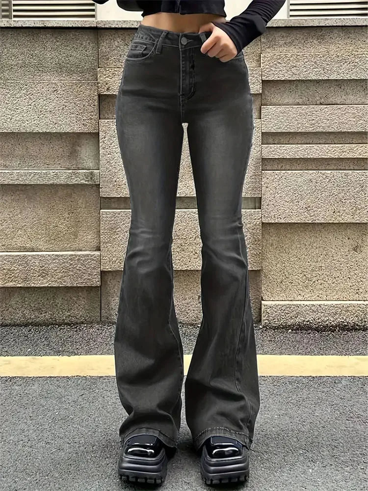 Jean évasé délavé taille haute