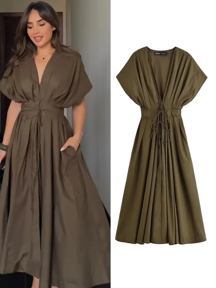 Robe midi plissée à col V