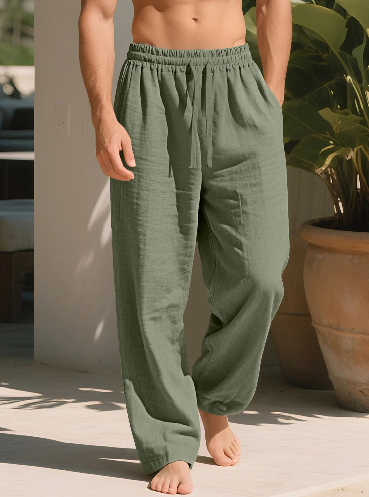 Pantalon droit ample en lin mélangé