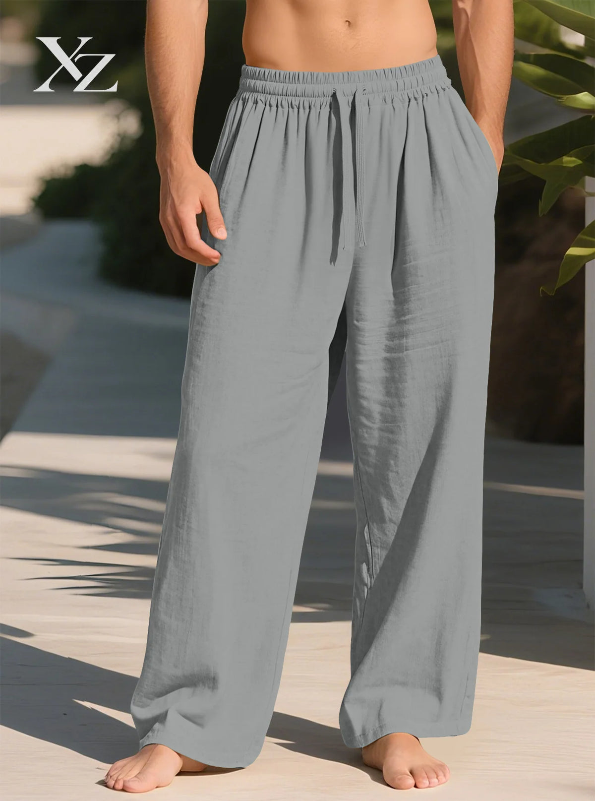 Pantalon droit ample en lin mélangé