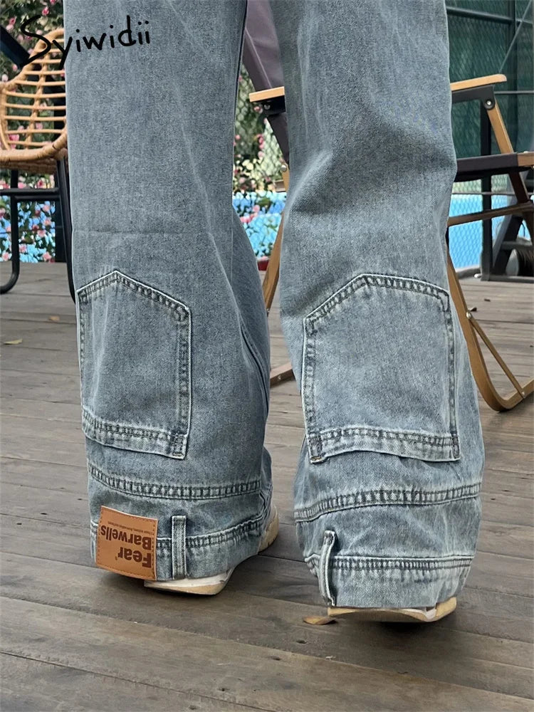 Jean large bleu à empiècements