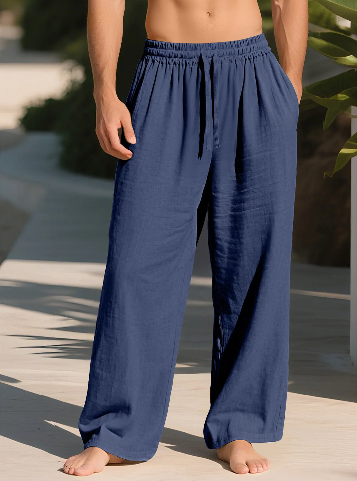 Pantalon droit ample en lin mélangé