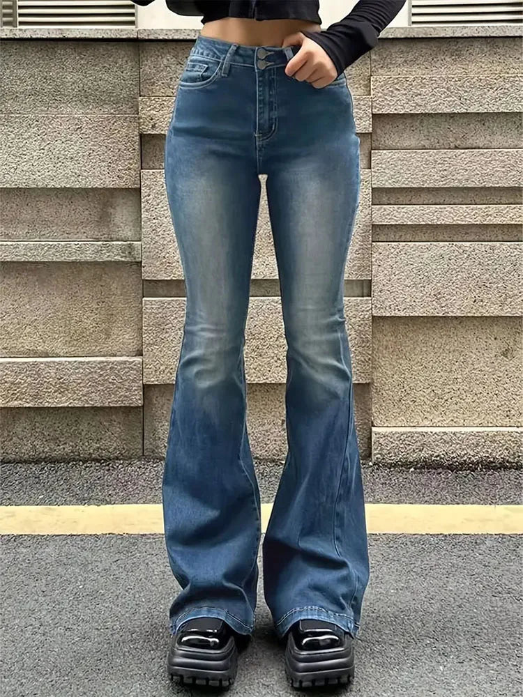 Jean évasé délavé taille haute