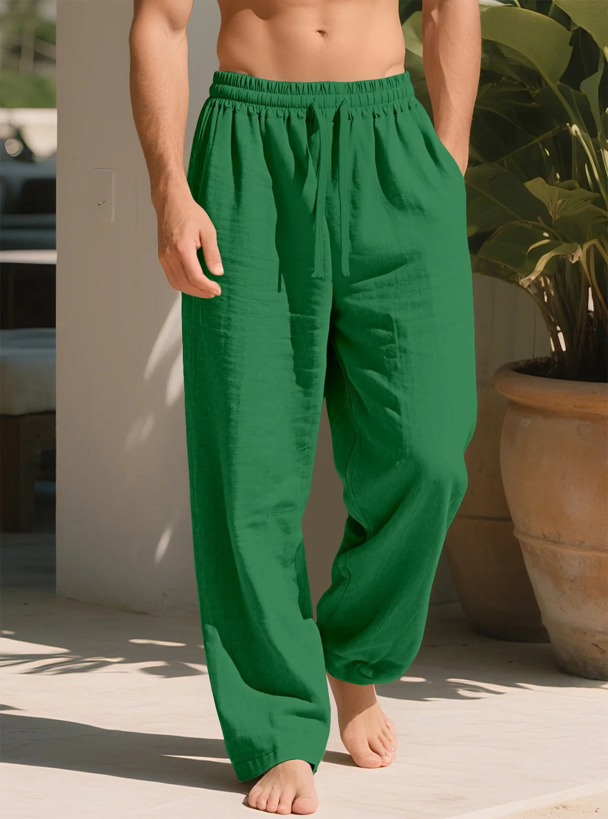 Pantalon droit ample en lin mélangé