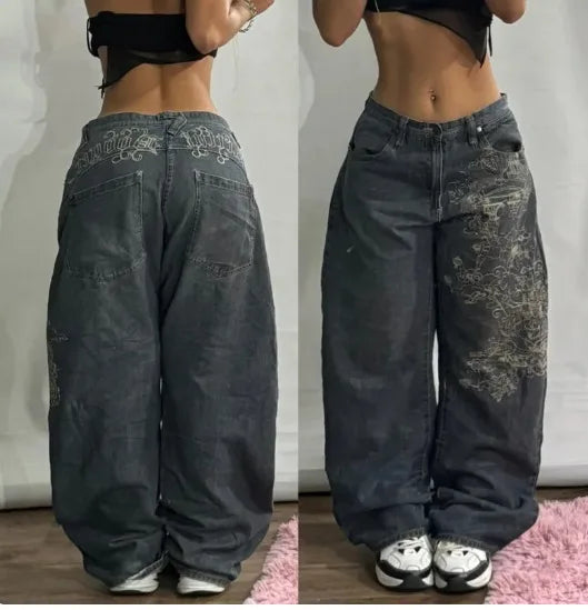 Jean baggy noir brodé