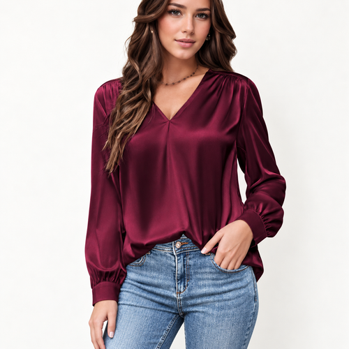Blouse satinée bordeaux plissée à col V